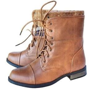 Forever‎ Womens Casual  Warm Lace Up Booties Faux Leather Cognac Size 6.5